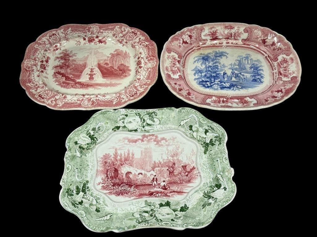 3 Transferware platters: 3 Transferware platters. Including Fisherman by E.W. & J., Fountain by E. Wood & Sons and two color Belzoni. Largest approx. 13 x 11 inches.