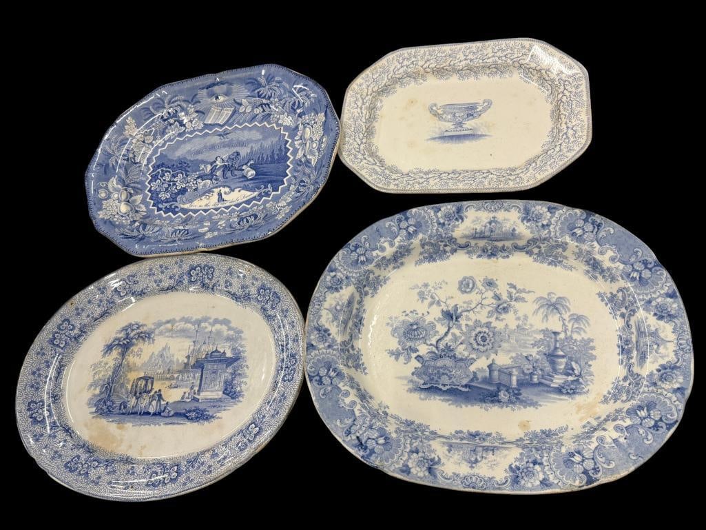 4 Transferware platters: 4 Transferware platters. 2 marked Webster Vase and Millenium. Largest tray approx. 20 x 16 inches.