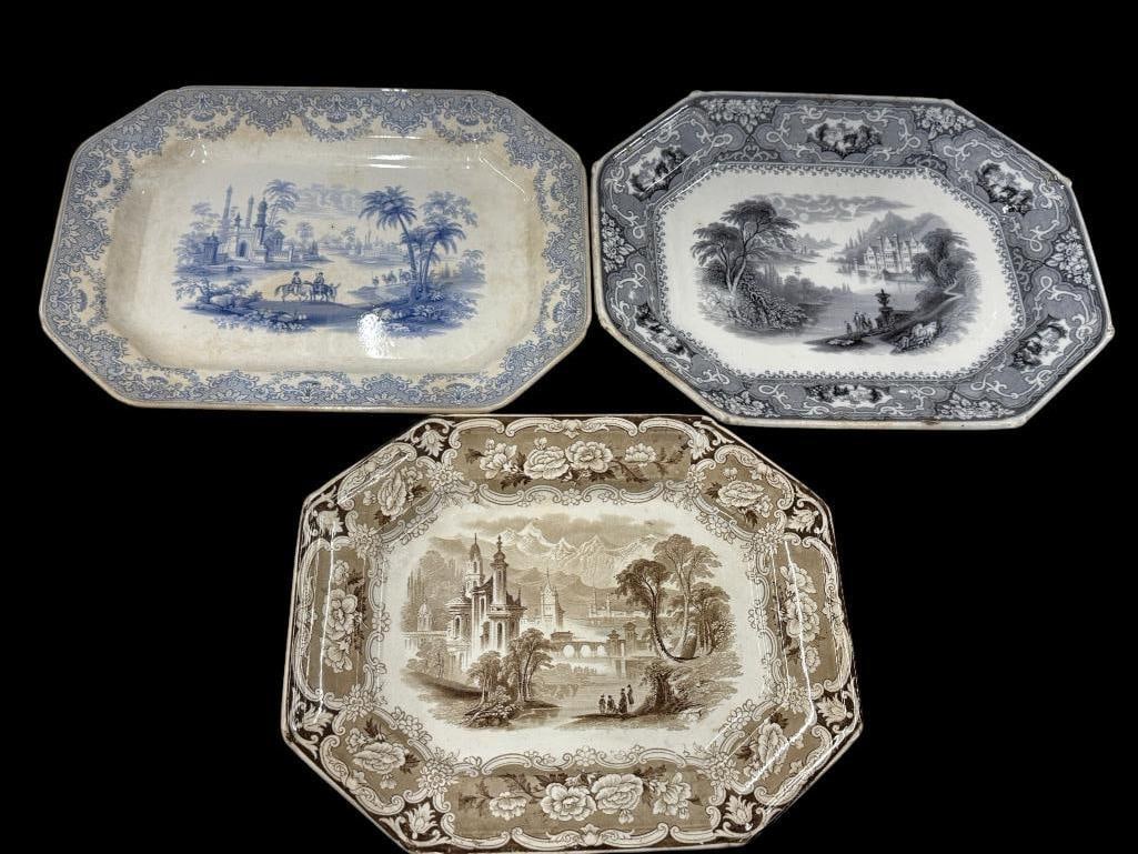 3 Transferware platters: 3 Transferware platters. Marked Medina W. Ridgway, Ironstone and Venture. Largest tray approx. 18 x 13 inches.