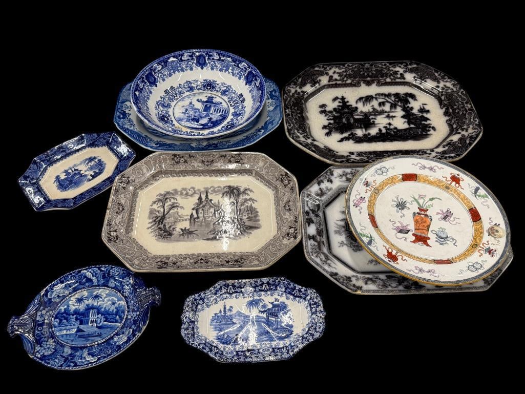 Transferware platters, bowl and more: Transferware platters, bowl, Woodseat warming plate and more. 9 pieces. Largest tray approx. 16 x 12 inches.