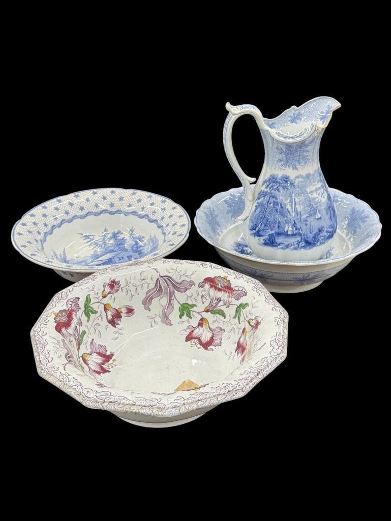 3 Transferware bowls and pitcher: 3 Transferware bowls and pitcher. 4 pieces. Largest bowl approx. 14 x 14 x 5 inches.