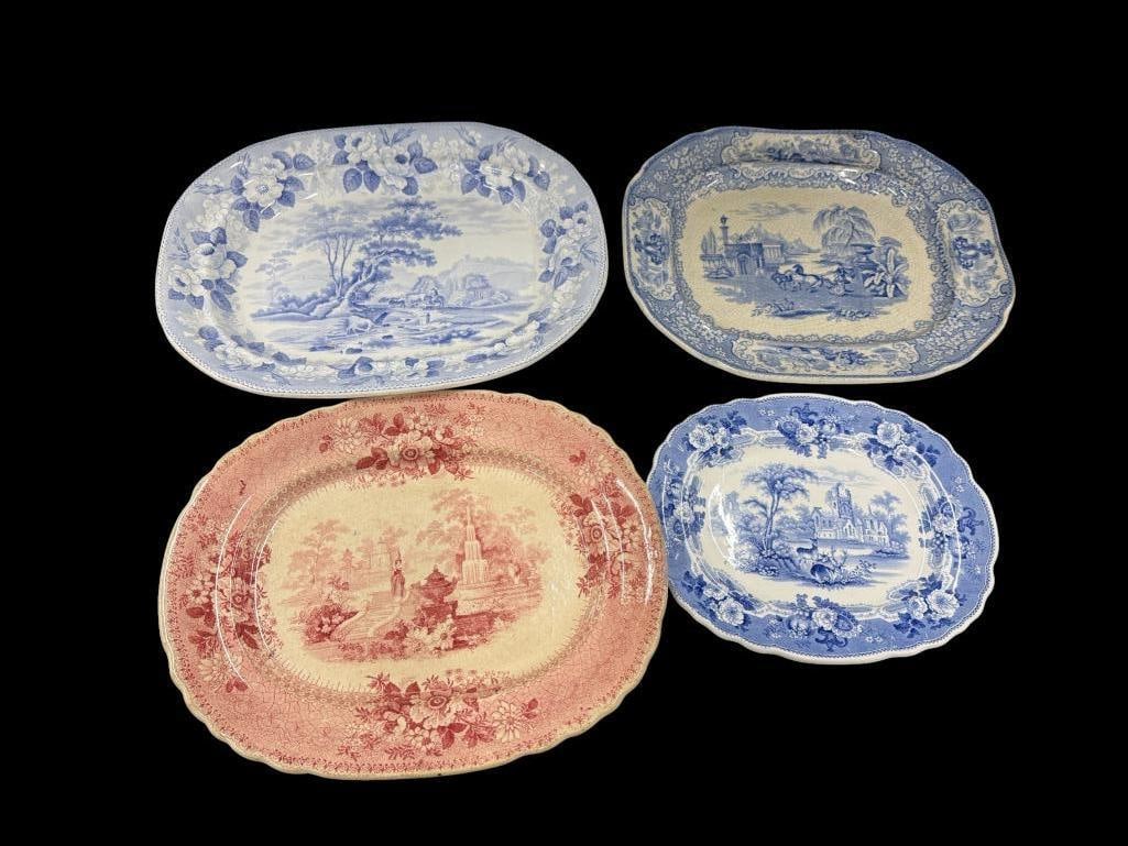 4 Transferware platters: 4 Transferware platters. Small blue is marked T. Mayer Longport - Abbey Ruins. Largest approx. 14 x 12 inches.