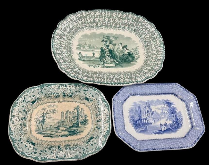 3 Transferware platters: 3 Transferware platters. Blue is marked Gothic Temple. Largest approx. 18 x 14 inches.