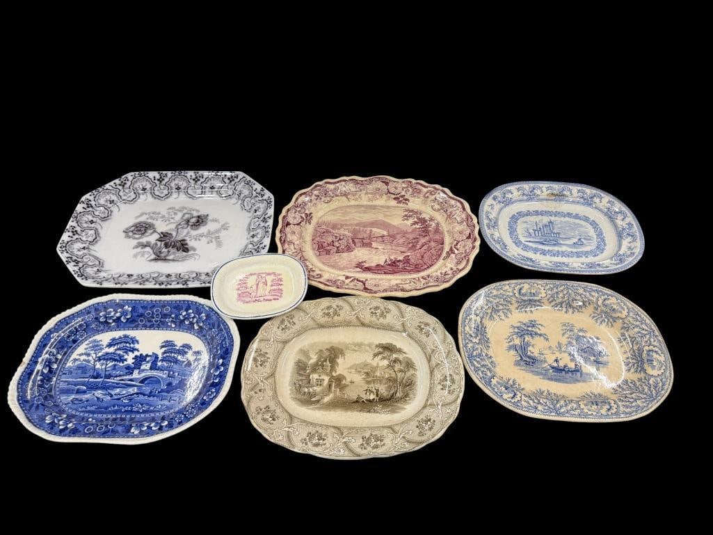 7 Transferware platters: 7 Transferware platters. Copeland Spode Tower, Ironstone and more. Largest approx. 18 x 15 inches.