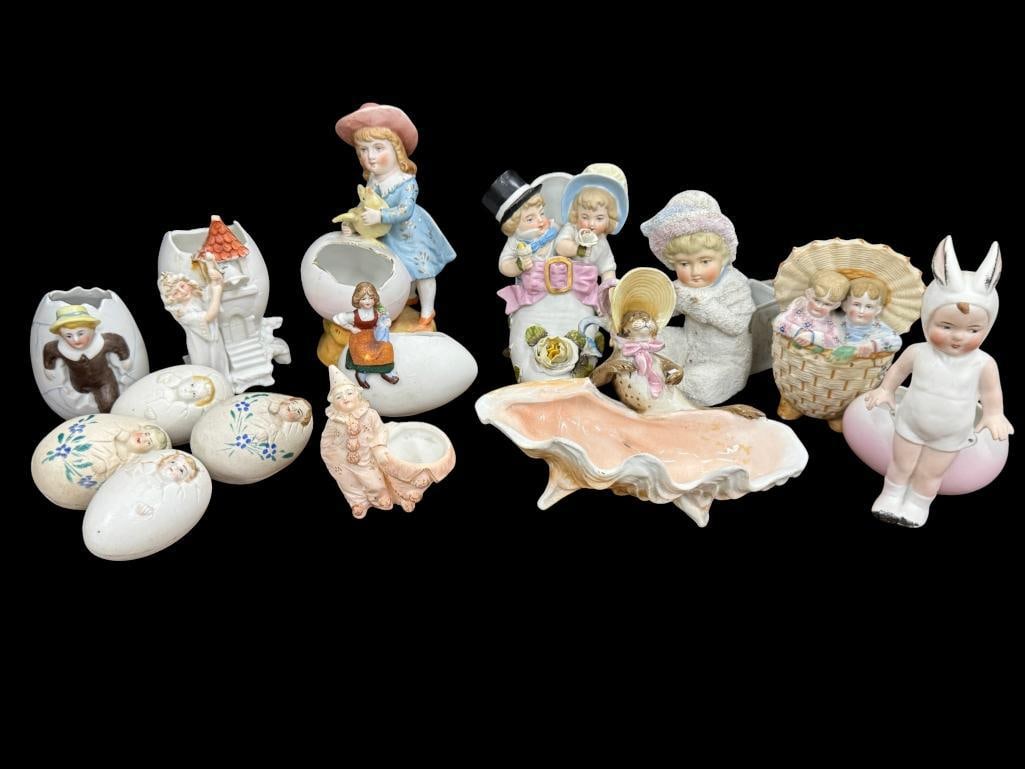 Bisque Easter figurines and more: Bisque Easter figurines and more. 14 pieces. One marked Rudolstadt.