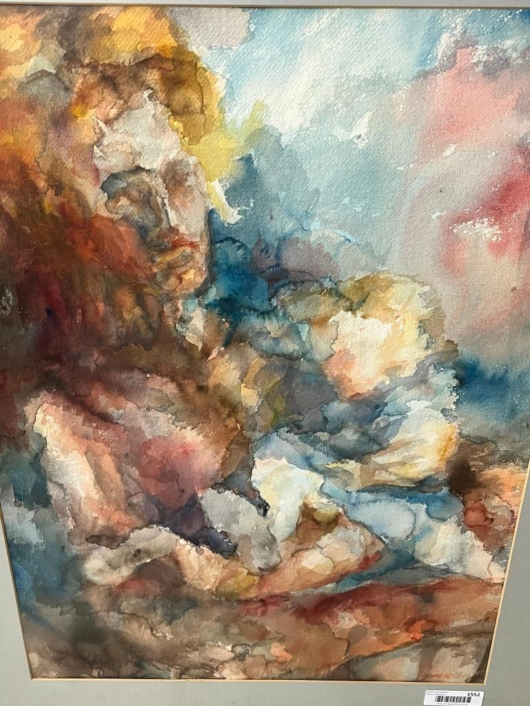 Jane Kolber signed watercolor: Jane Kolber signed abstract watercolor. Mother with child. Approx. 28 x 20 inches. Frame approx. 37 x 28 inches.