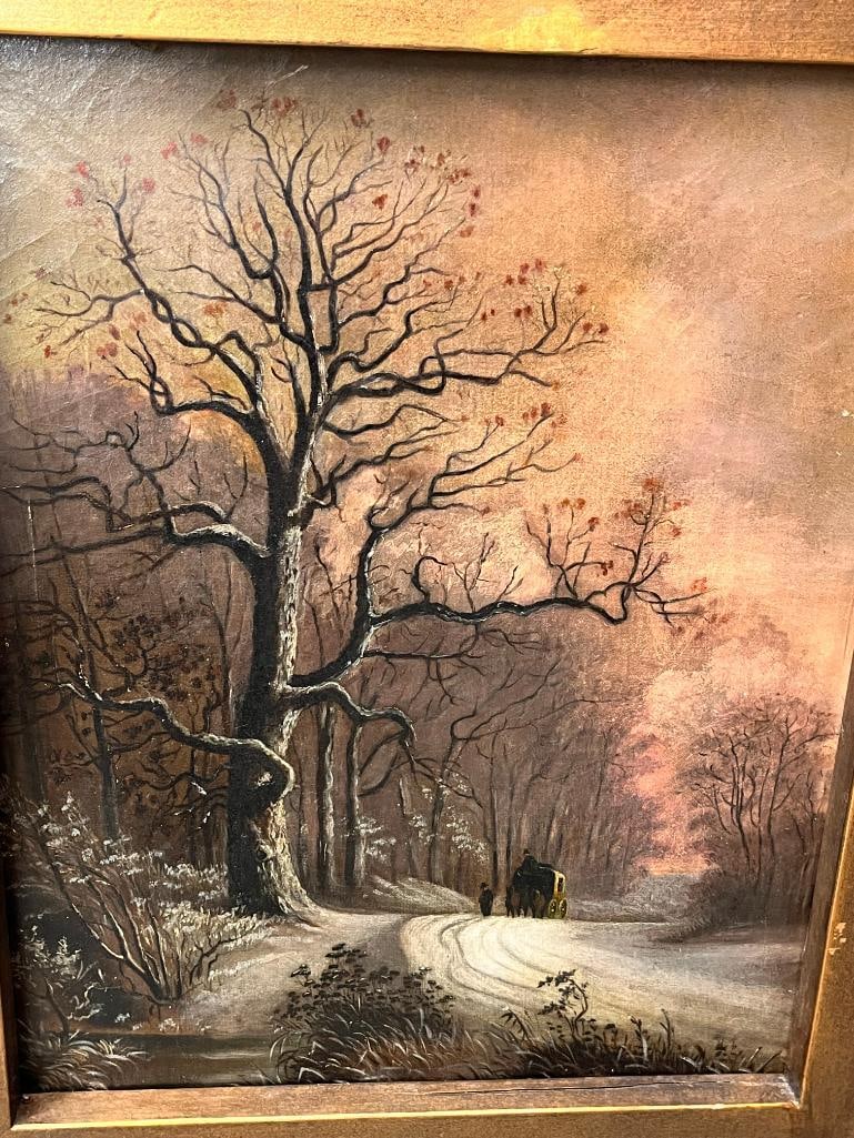 Oil on canvas of a Winter Scene: Oil on canvas of a Winter Scene. Unsigned. Approx. 18 x 14.5 inches. Frame approx. 21.5 x 17.5 inches.