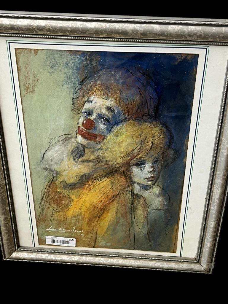 B. Leighton Jones signed pastel: B. Leighton Jones (1932-2011) 1979 signed pastel from the Emmett Kelly Clown series. Approx. 18.5 x 12 inches. Frame approx. 23 x 19 inches.
