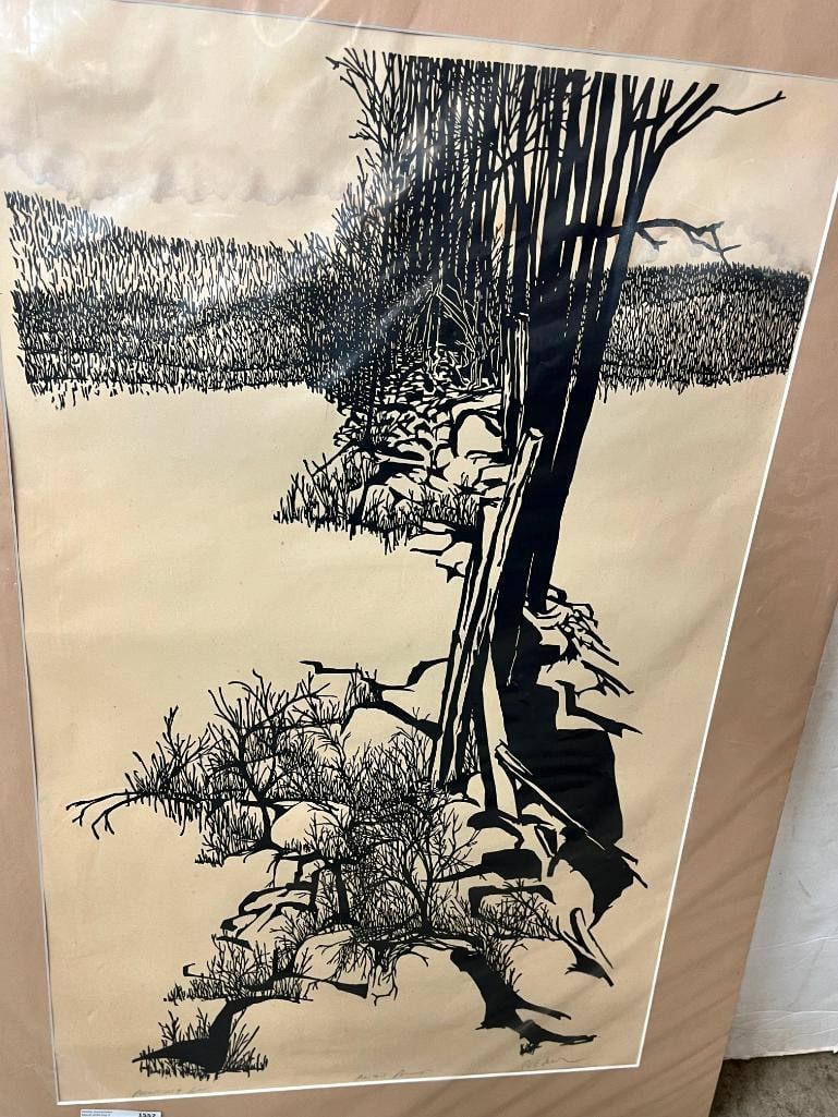 Frank C. Eckmair signed woodblock print: Frank C. Eckmair signed woodblock print "Property Line". Artists proof. Approx. 32 x 20 inches. Mat approx. 40 x 27 inches.