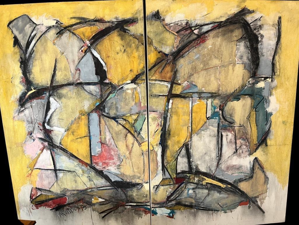 Arvidson '90 signed abstract two part oil on canvas: Arvidson '90 signed abstract two part oil on canvas. Each piece approx. 72 x 46 inches.