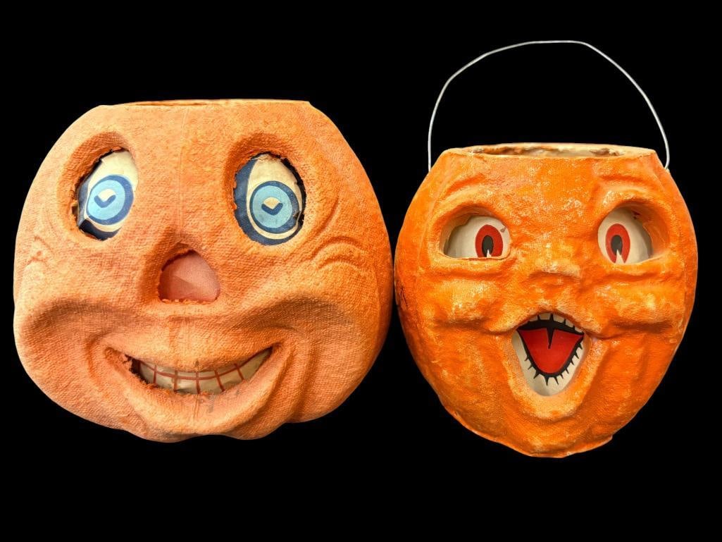 2 paper mache Halloween Jack O' lanterns: 2 paper mache Halloween Jack O' lanterns. Larger approx. 6 x 6 x 6 inches.