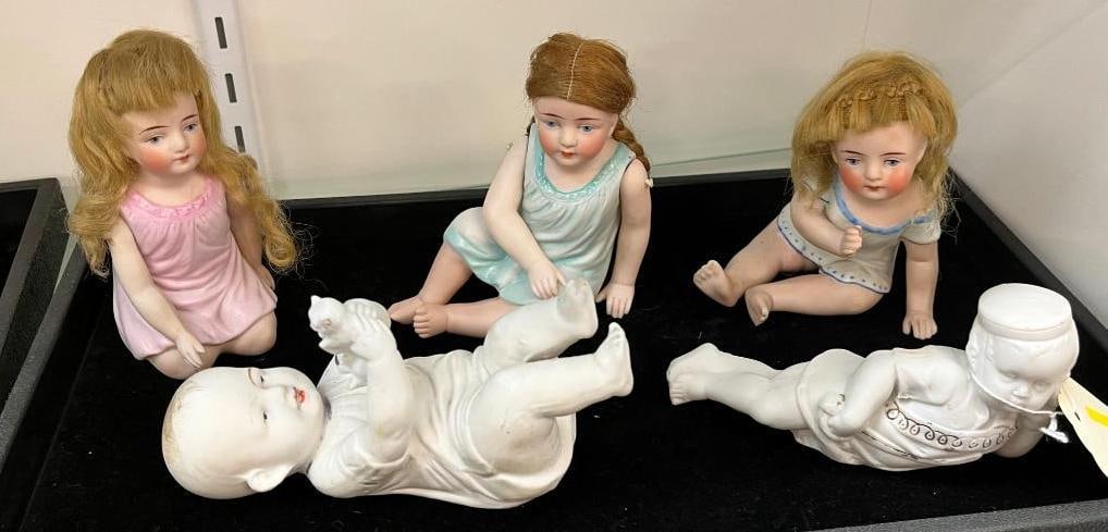 5 Bisque figurines: 5 Bisque figurines. Tallest approx. 5 inches.