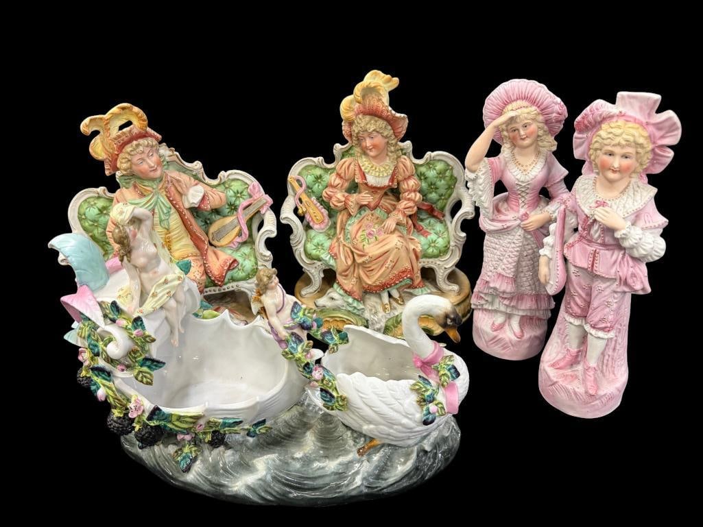 5 porcelain figurines: 5 porcelain figurines. Largest approx. 9 x 13 x 6 inches.