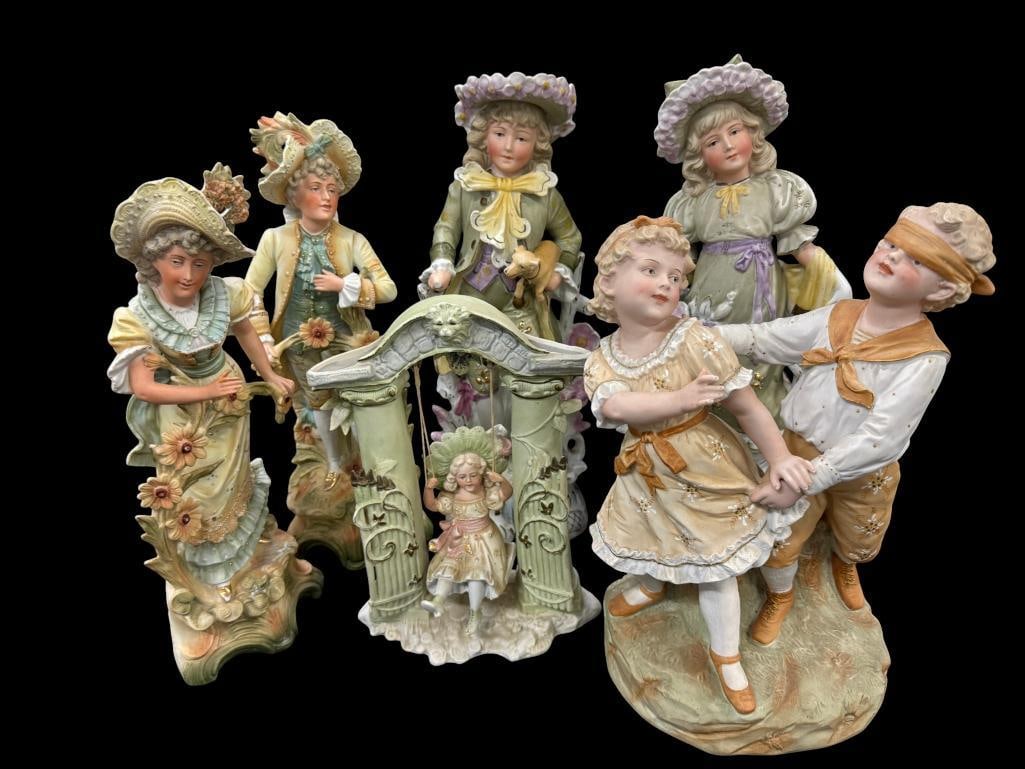 6 porcelain figurines: 6 porcelain figurines. Tallest approx. 16 inches.