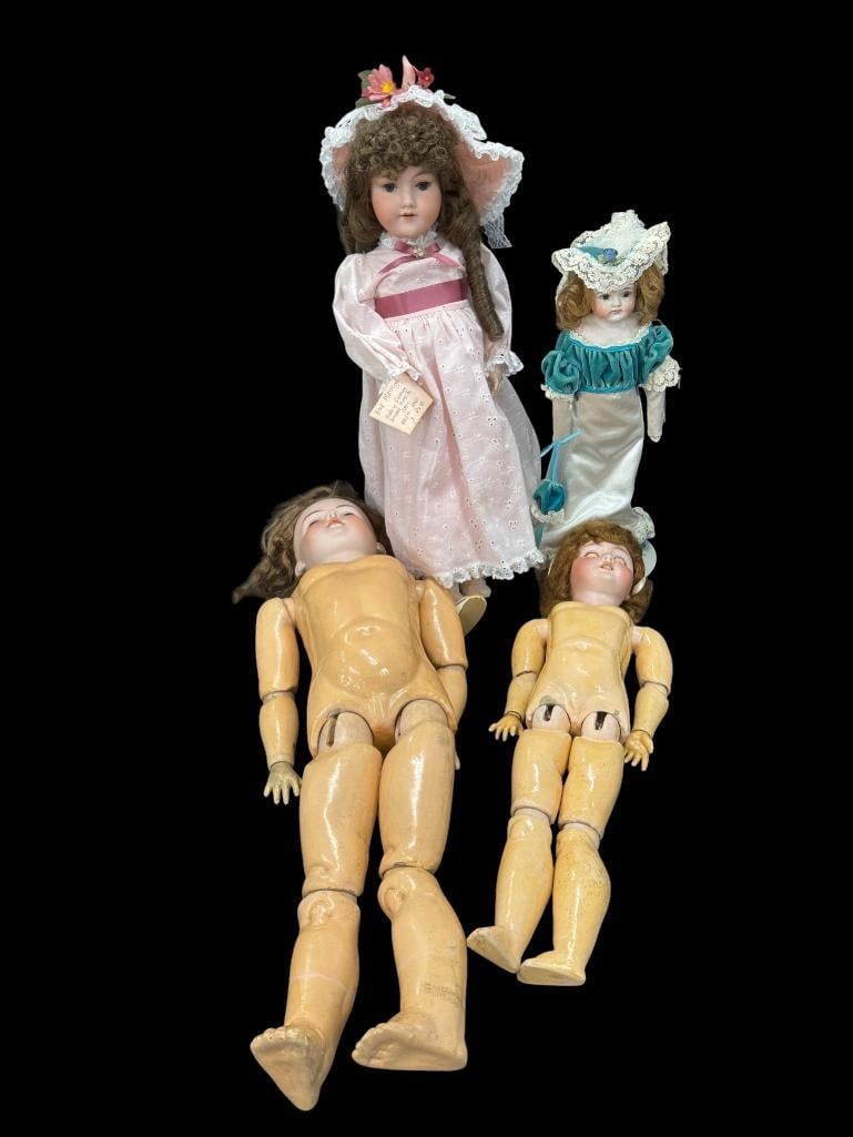 4 porcelain dolls: 4 porcelain dolls. Including Armand Marseille, Halbig and A13M. Tallest approx. 32 inches.