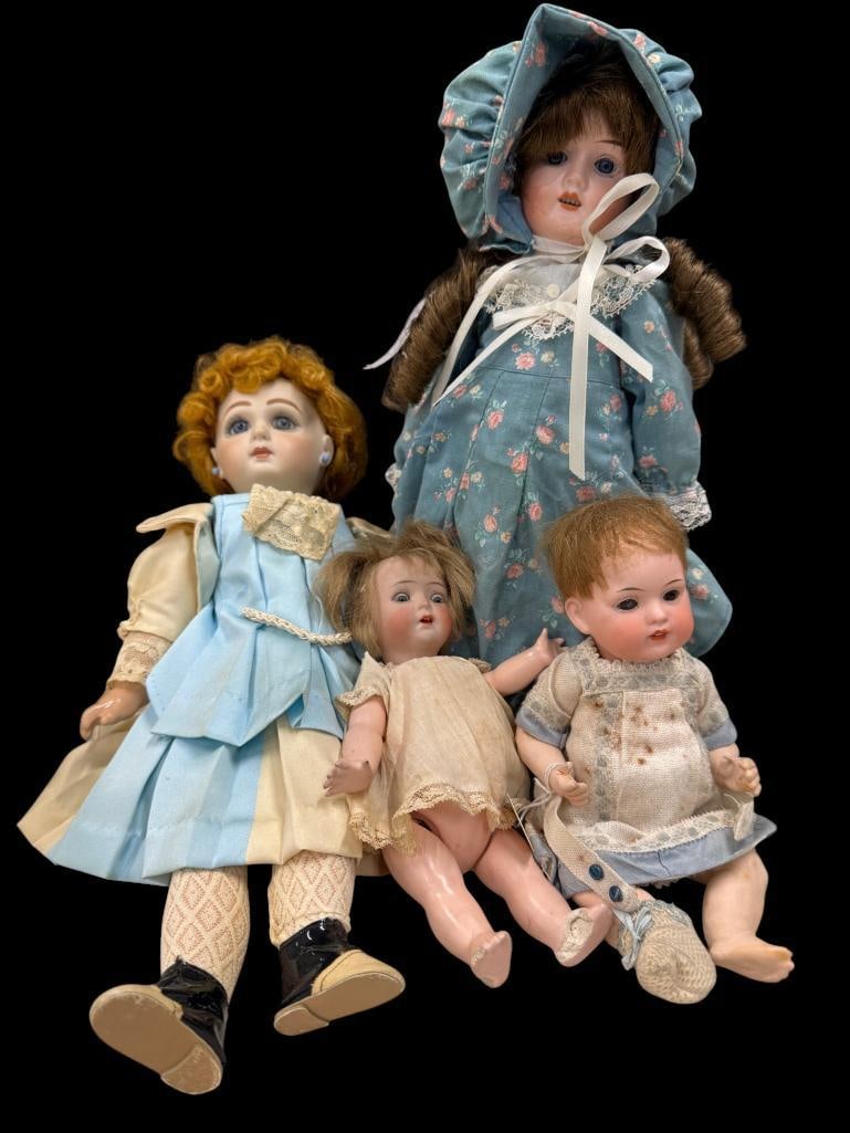 4 porcelain dolls: 4 porcelain dolls including Depose tete Jumeau. Jumeau approx. 15 inches.