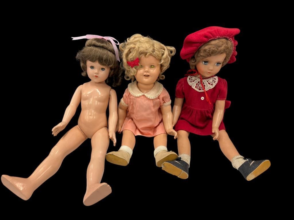3 composition dolls: 3 composition dolls including Shirley Temple and Effanbee. Tallest approx. 20 inches.