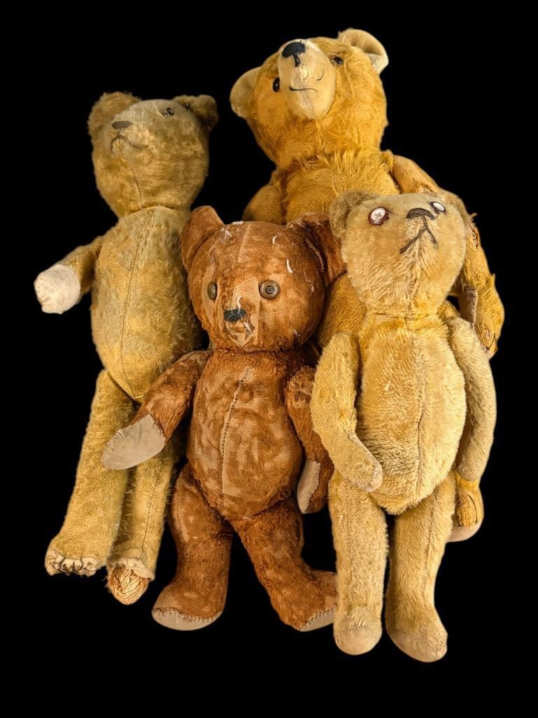 4 antique teddy bears: 4 antique mohair teddy bears with movable arms and legs. largest approx, 18 inches.