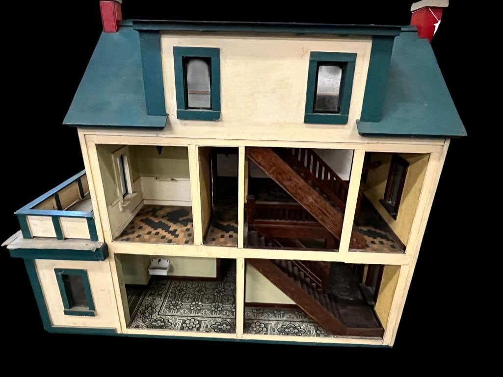 Large wood dollhouse: Large wood dollhouse. Approx. 42 x 50 x 26 inches.