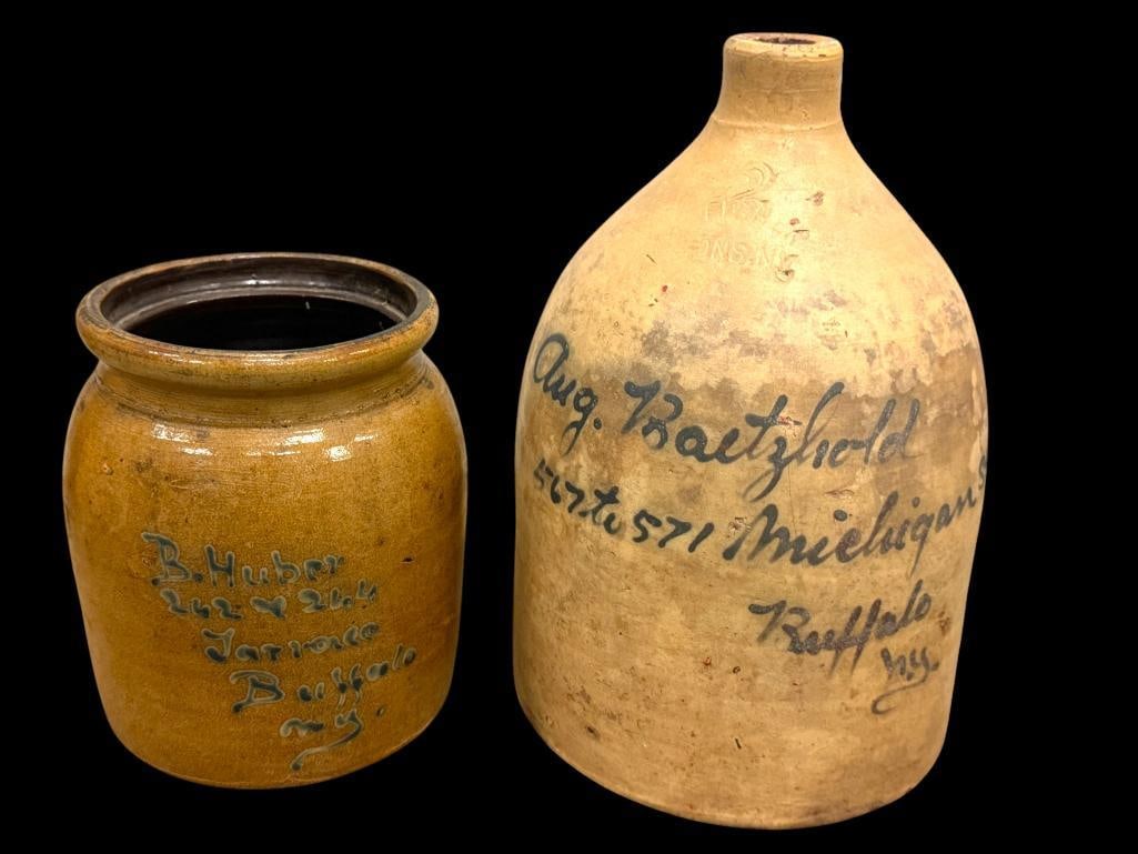 Buffalo NY stoneware crock and jug: Buffalo NY stoneware crock and jug. 2 pieces. Jug approx. 14 x 10 x 10 inches.