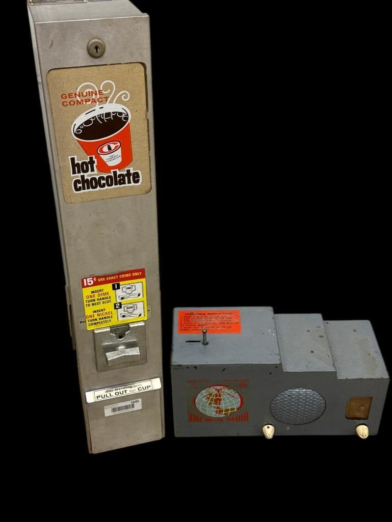 Coin operated radio and Hot Chocolate machine: Tradio Coin operated hotel radio and Hot Compact Chocolate machine. 2 pieces. Hot Chocolate approx. 31 x 6 x 8 inches.