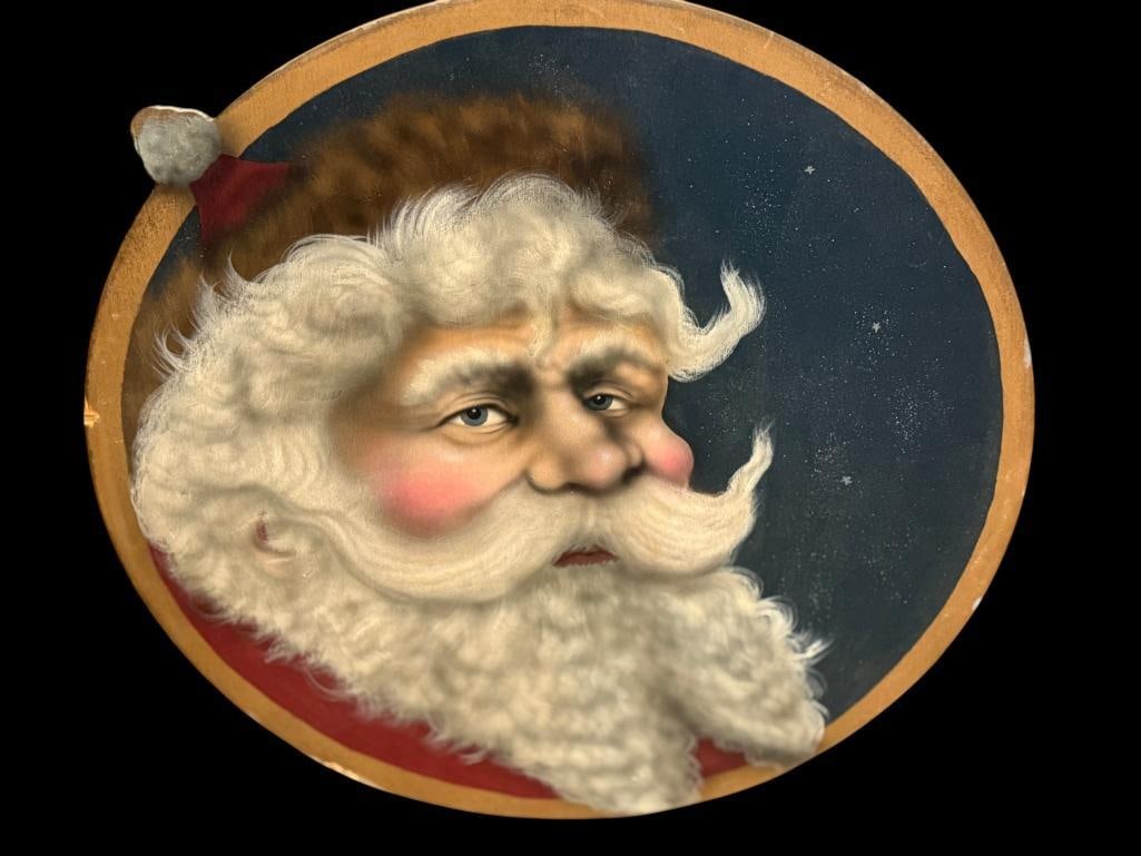 Round Santa Claus painted sign: Round Santa Claus painted wood sign. Approx. 28 inches.