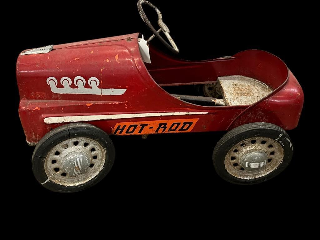 Hot Rod metal pedal car: Hot Rod metal pedal car. Approx. 22 x 36 x 18 inches.