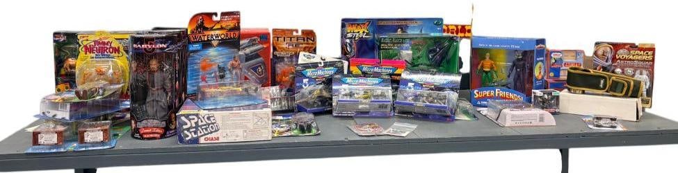 Group of toys and figurines: Group of toys and figurines, most new in box. Including Micro Machines, Babylon 5, Super Friends, Waterworld, Robotech and more. Approx. 34 pieces.