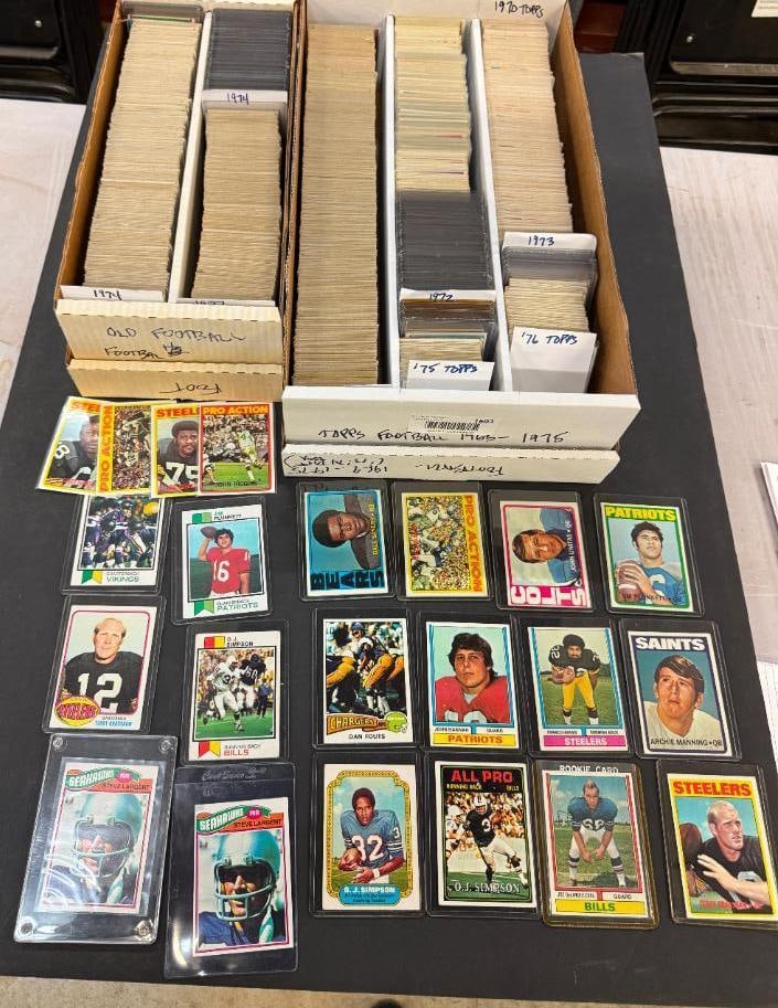 1972-1977 Topps Football Cards: 1972-1977 Topps Football Cards incl. approx 600 '72 Topps, approx. 500 '73 Topps, approx 2000 '74 Topps, approx 75 '75 Topps incl Fouts Rookie, 100 '76 Topps, 500 '77 Topps incl. 2 Largent Rookie