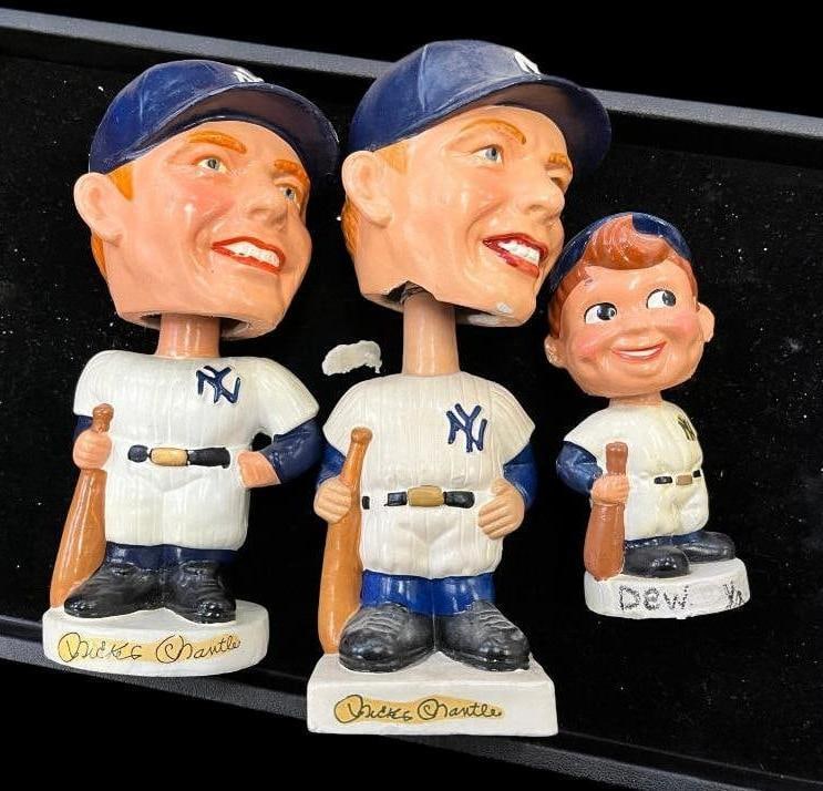 3 Yankee Bobbleheads: 3 Yankee Bobbleheads. 2 Mickey Mantle. Approx. 8 inches tall.