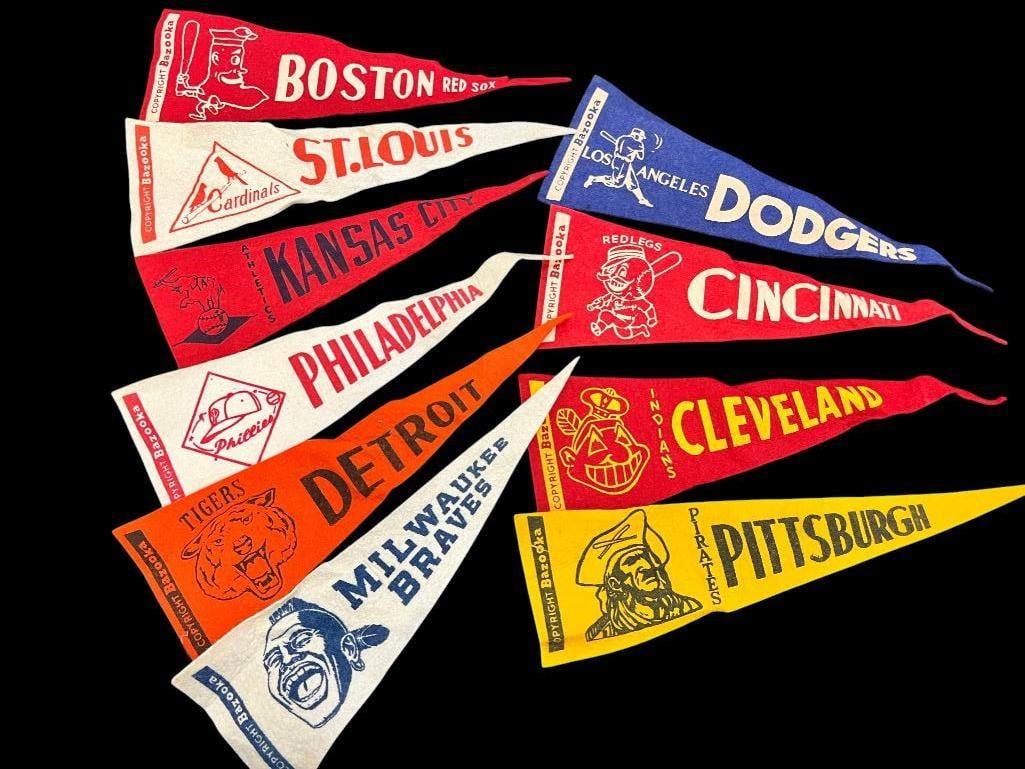 Bazooka Baseball Pennants: Bazooka Baseball Pennants. 10 total. 9 marked Bazooka. Approx. 14 inches.