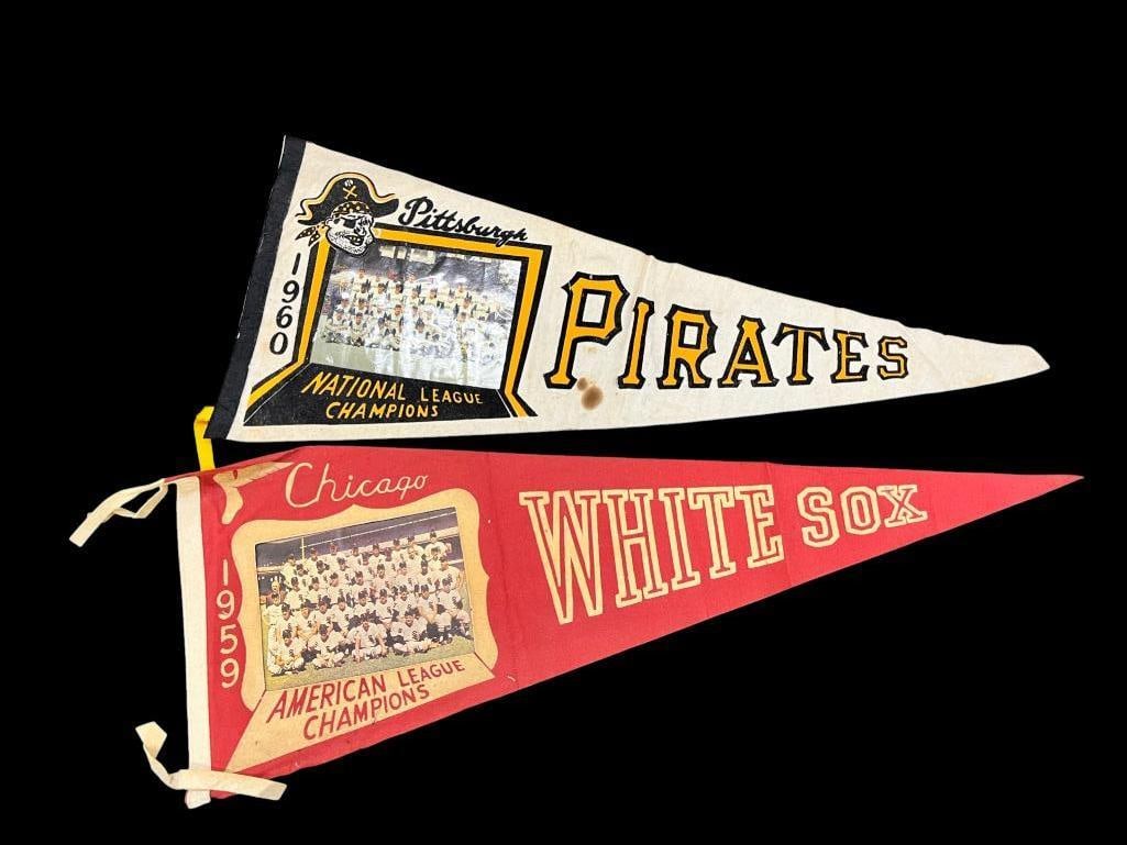 1959 White Sox and 1960 Pirates pennants: 1959 American League Champions White Sox pennant and 1960 National League Champions Pirates pennant. 2 pieces. Approx. 29 inches.