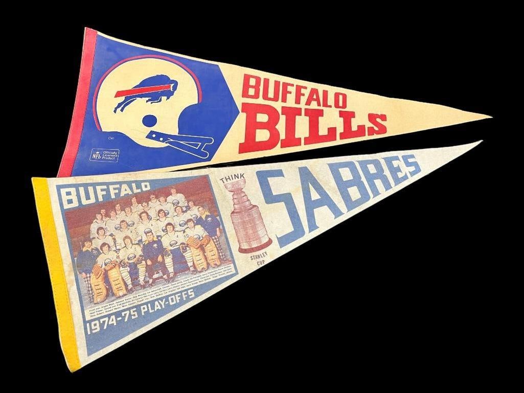 Vintage Buffalo Bills and Buffalo Sabres pennants: Vintage Buffalo Bills and Buffalo Sabres pennants. 2 pieces. Approx. 29 inches.