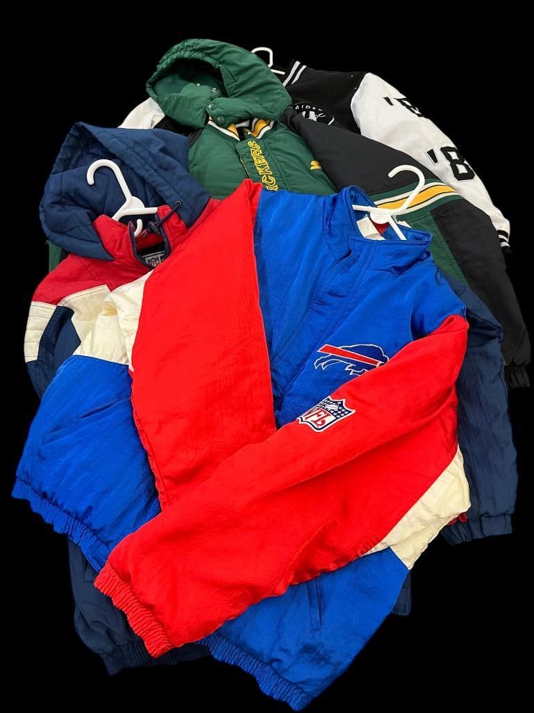 4 Vintage NFL Jackets: 4 Vintage NFL Jackets. Including Buffalo Bills NFL Apex One size medium. Patriots NFL Pro Line Starter size large. Green Bay Packers NFL Pro Line Starter size XL. Raiders NFL size medium.