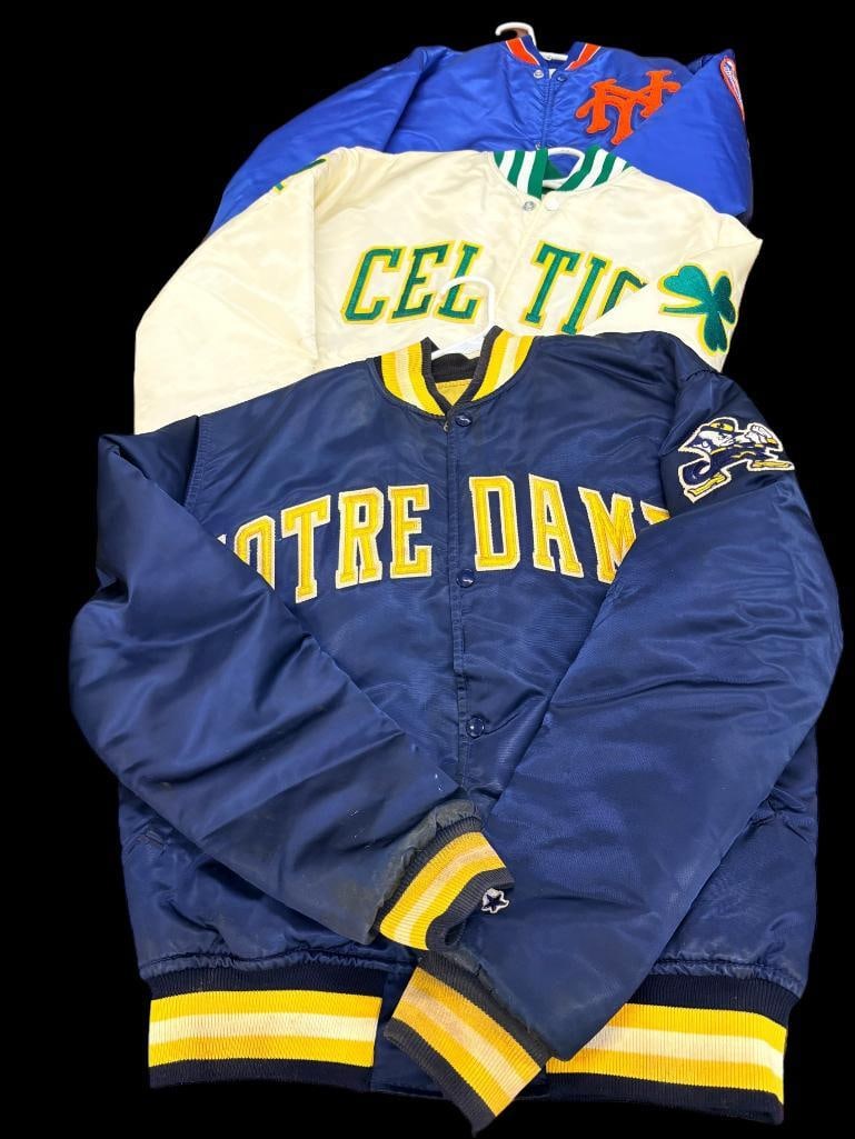 3 Vintage Starter Jackets: 3 Vintage Starter Jackets. New York Mets size medium. Boston Celtics size medium. Notre Dame size medium.