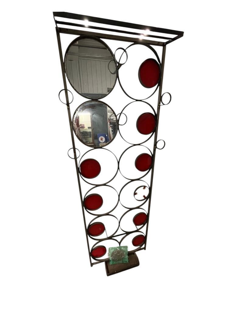 Vintage hall tree with red panels and mirrors: Vintage hall tree with red panels and mirrors. Approx. 70 x 26 x 4 inches.