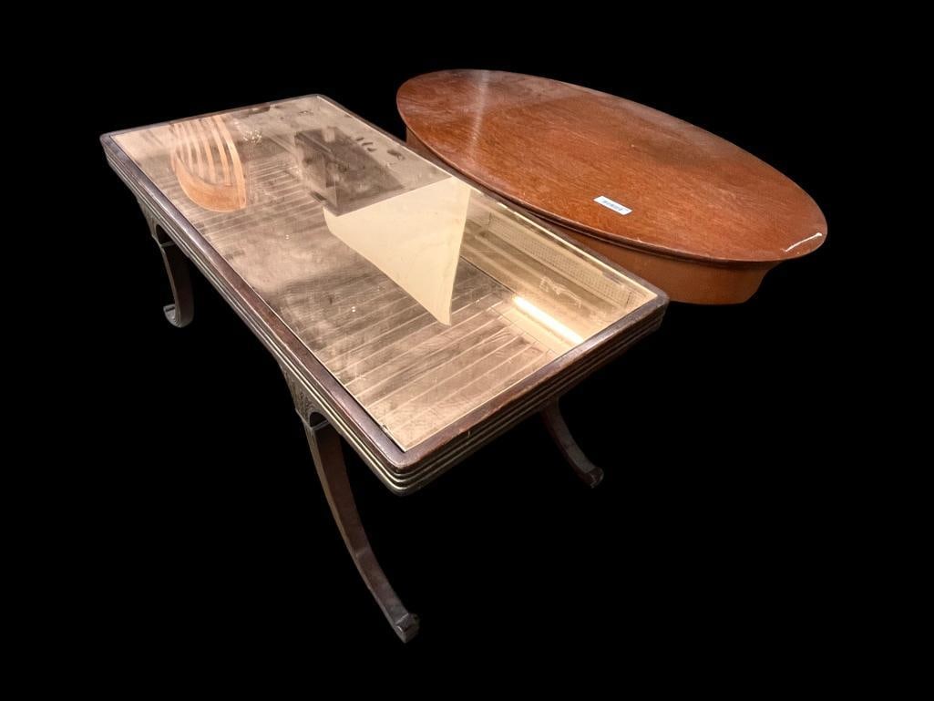 2 Coffee Tables: 2 Coffee Tables. One oak, one with mirrored top. Mirrored approx. 18 x 40 x 20 inches.