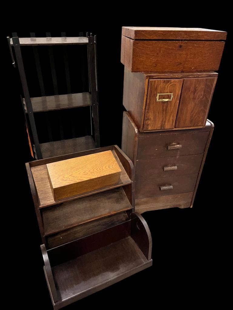 Arts and Crafts box, shelf and more: Arts and Crafts box and shelf, Art Deco bakelite book holder, small dresser etc. 7 pieces.