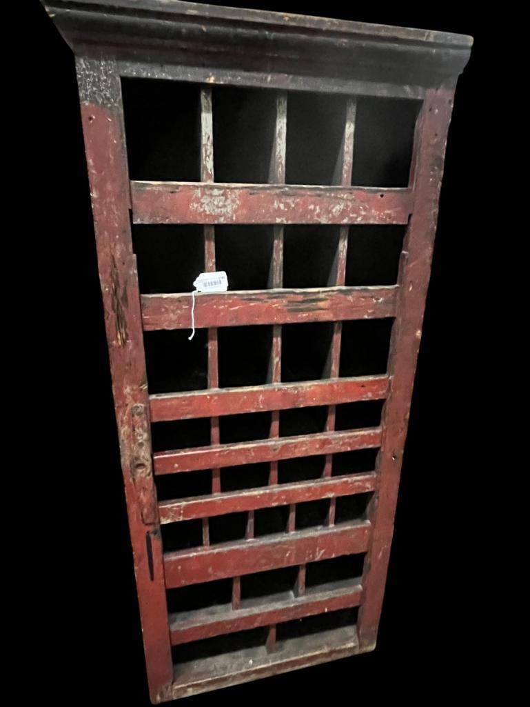 Early pigeon hole storage shelf: Early pigeon hole storage shelf. Approx. 72 x 32 x 12 inches.