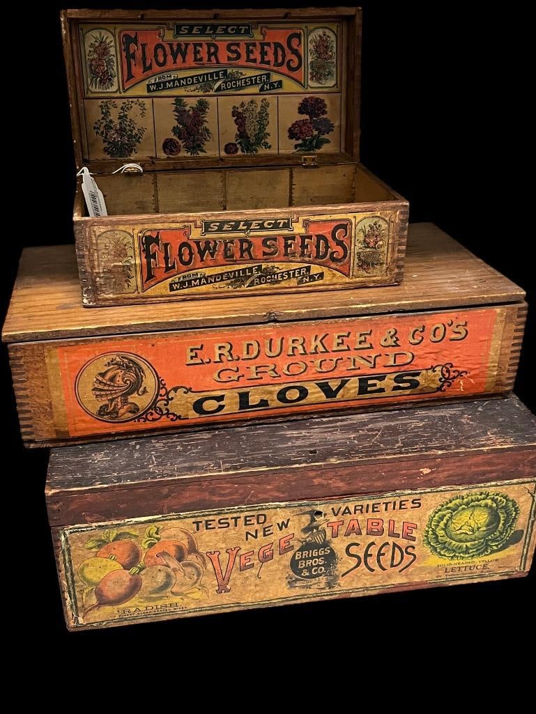 3 advertising boxes seeds, cloves etc.: 3 advertising boxes seeds, cloves etc.Approx. 5 x 14 x 10 inches.