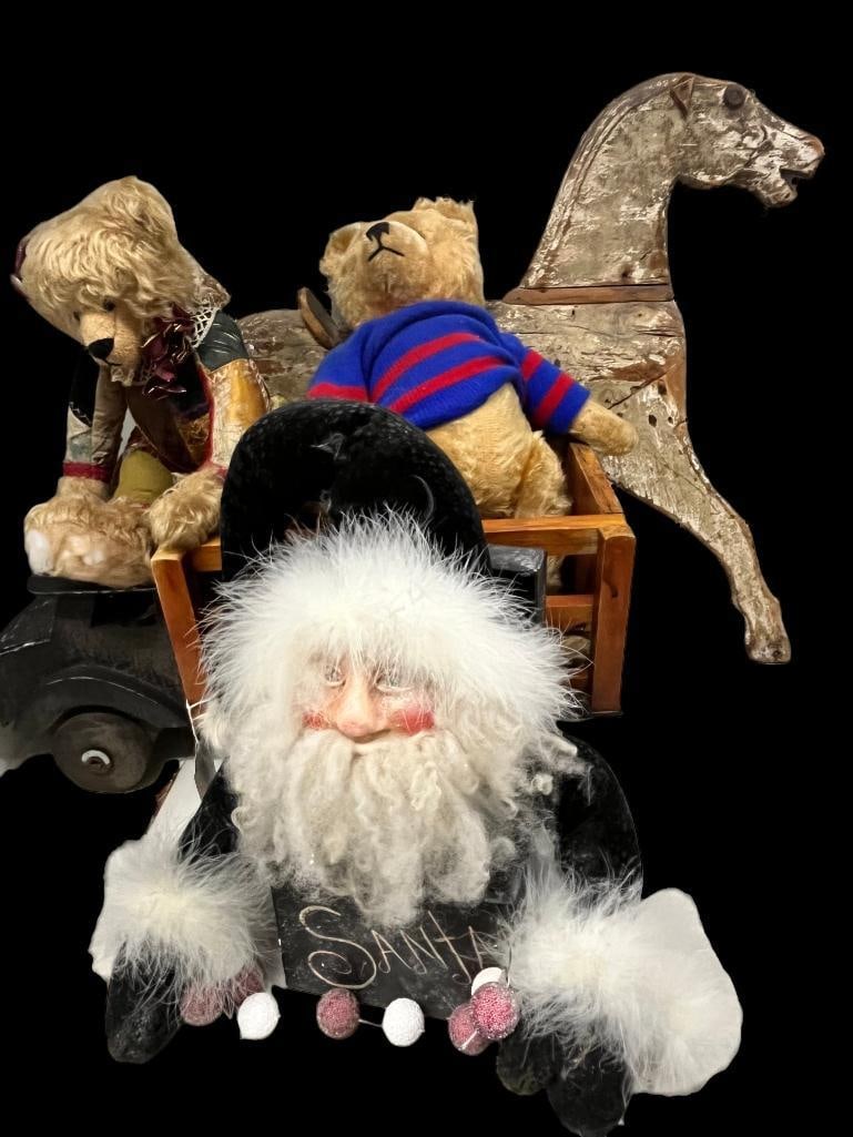 Wood horse, truck, teddy bears and santa: Wood horse, truck, teddy bears and Santa. 5 pieces. Truck approx. 10 x 24 x 10 inches.