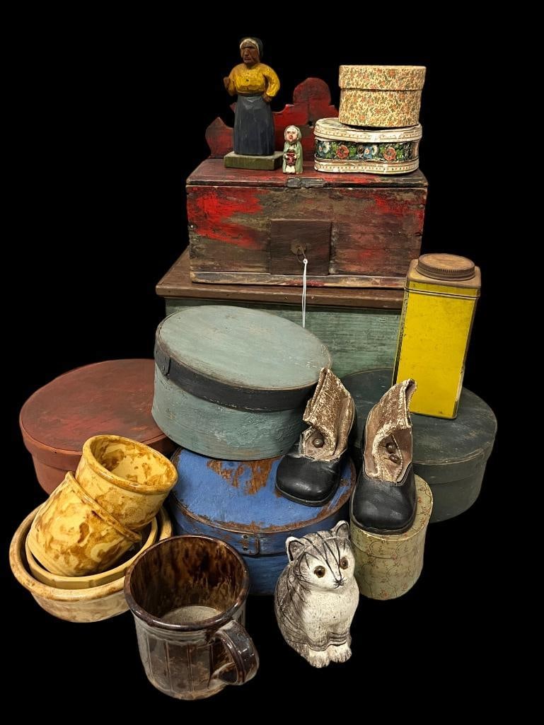 Wood boxes, cast iron cat bank, spongeware and more: Wood boxes, cast iron cat bank, spongeware and more. Approx. 19 pieces.