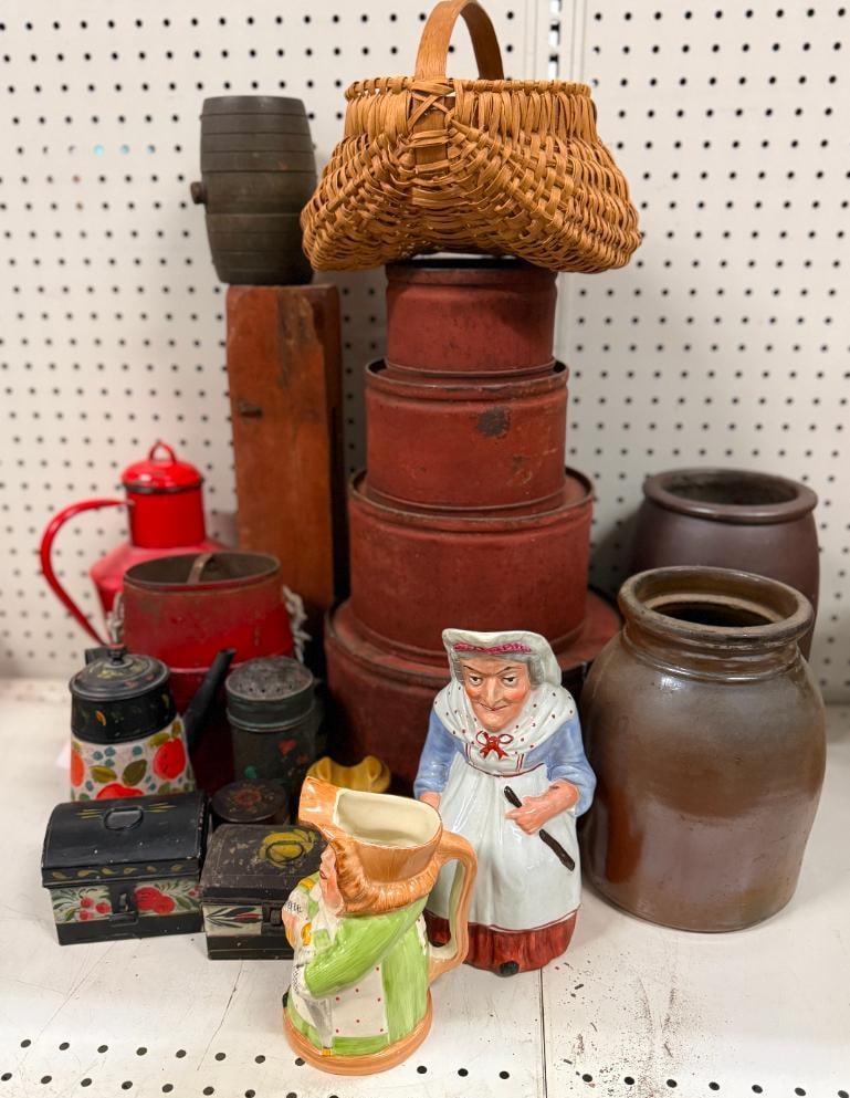 Toleware, stoneware crocks, metal tins, pitchers and more: Toleware, stoneware crocks, metal tins, pitchers and more. Approx. 19 pieces.