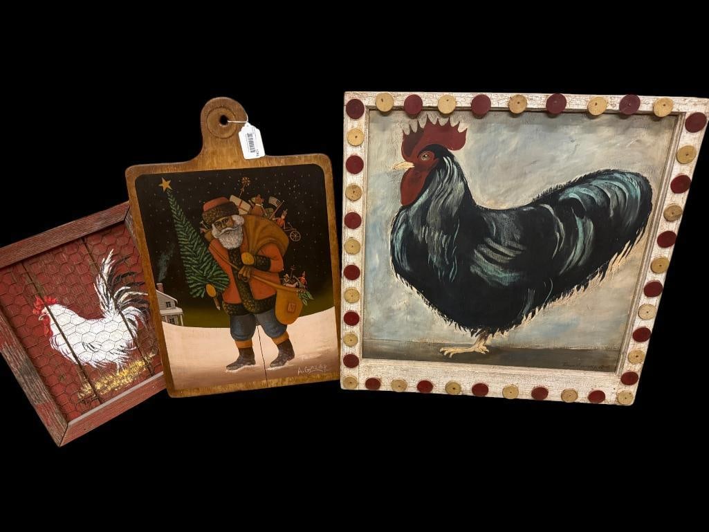 Rooster and Santa paintings on wood: Rooster and Santa paintings on wood. Large rooster approx. 29 x 28 inches.