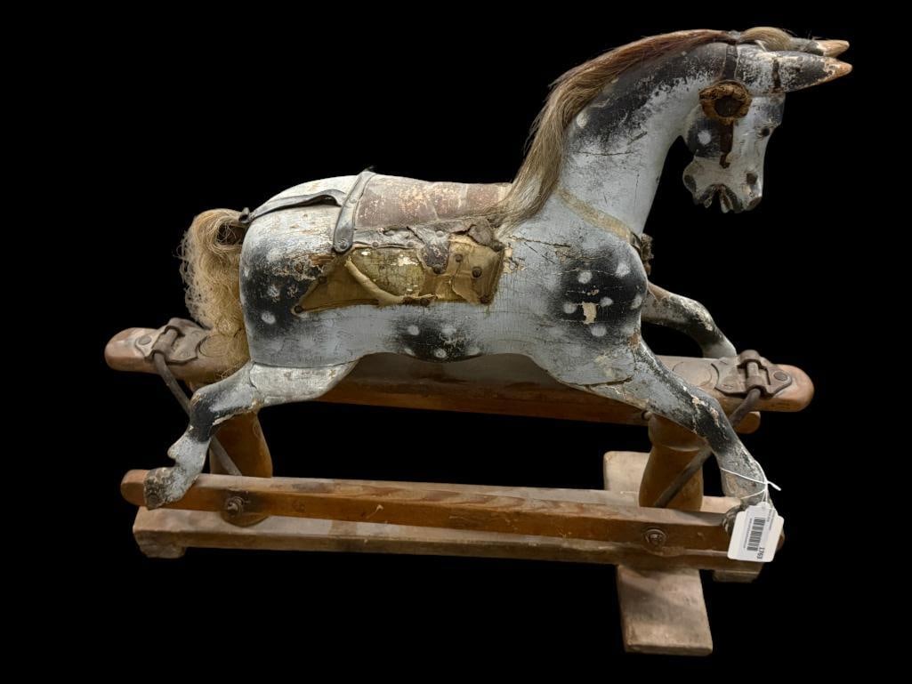 Antique wood rocking horse: Antique wood rocking horse. Approx. 28 x 30 x 12 inches.