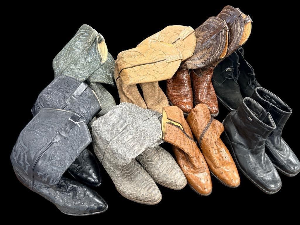 8 pairs of boots and cowboy boots: 8 pairs of boots and cowboy boots. Cowboy boots are sizes 8.5 and 9.