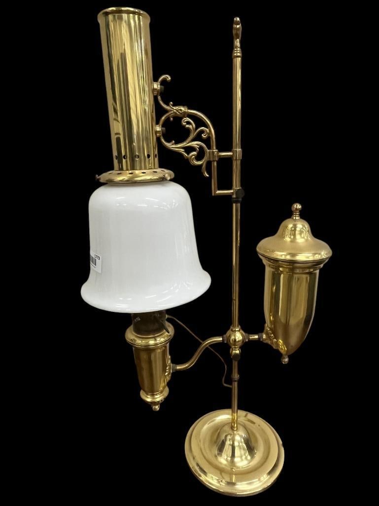 Brass Student Lamp with bell shaped shade: Brass Student Lamp with bell shaped shade. Approx. 32 x 17 x 8 inches.