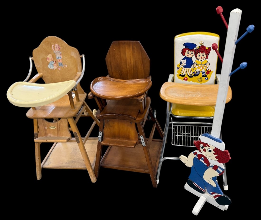 3 vintage highchairs and coat rack: 3 vintage highchairs and childs Raggedy Andy coat rack. Raggedy Ann & Andy highchair approx. 40 x 22 x 26 inches.
