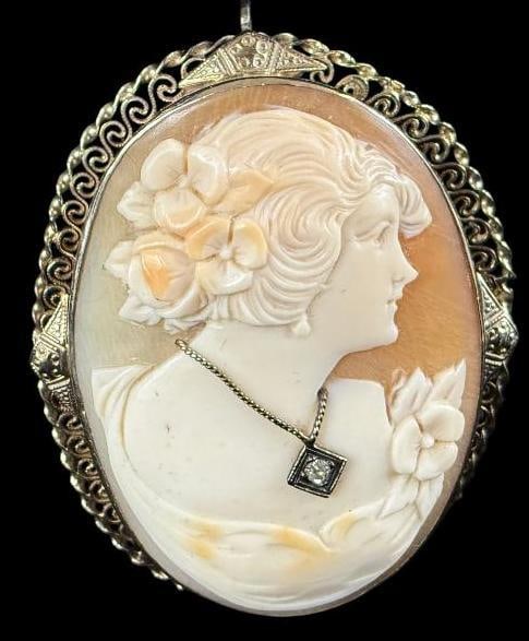 Carved Cameo with Diamond: Carved Cameo with Diamond set in 14k Gold. Approx. 1.75 x 1.5 inches.