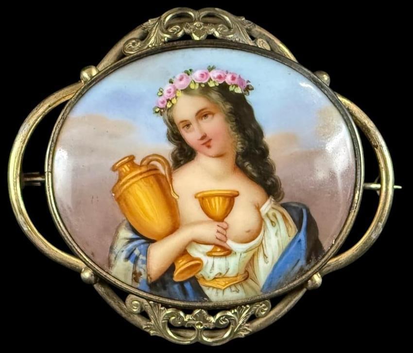 Painting on Porcelain Brooch: Brooch with very finely painted portrait on porcelain. Approx. 3 x 2.75 inches.